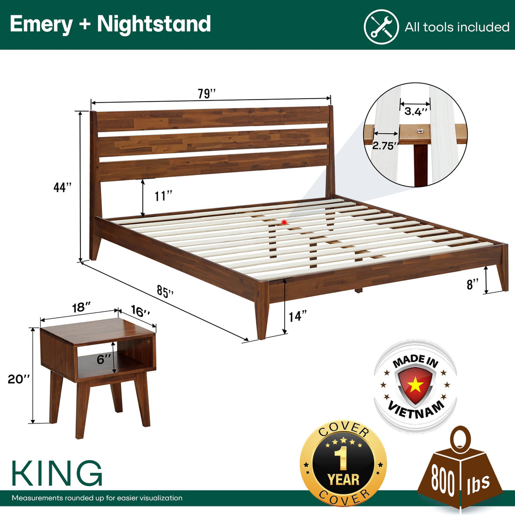 Emery Solid Wood King Bed Frame & Nightstand Set