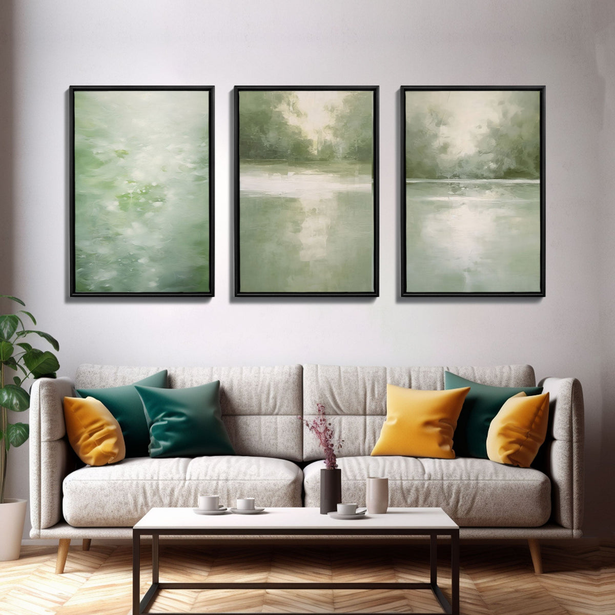Green Abstract Landscape Canvas Wall Art – Set of 3