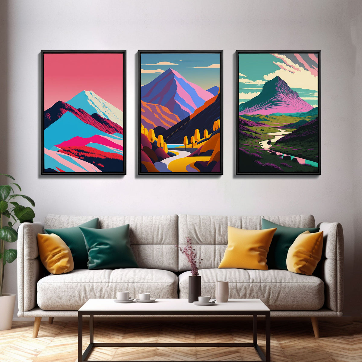 Mid-Century Mountain Landscape Canvas Wall Art – Set of 3