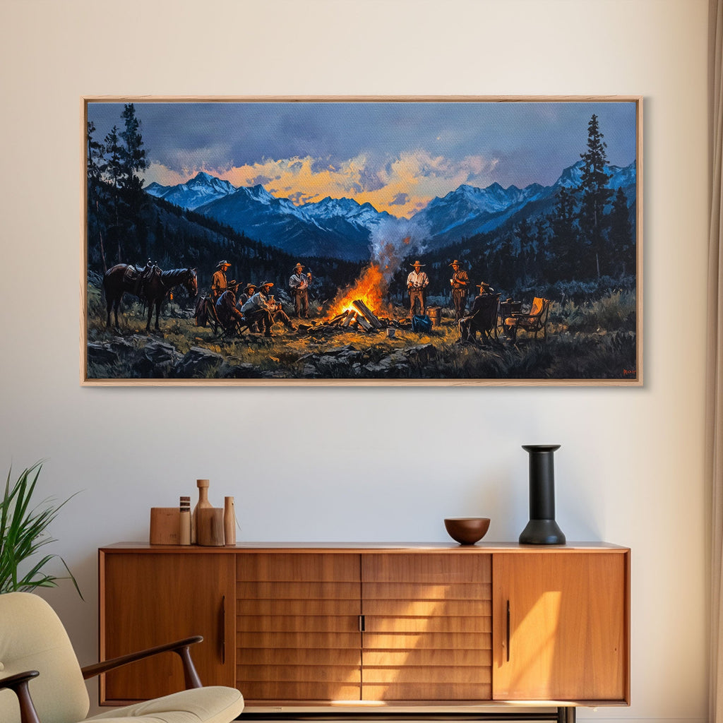 Western Cowboys Campfire Framed Canvas Wall Art