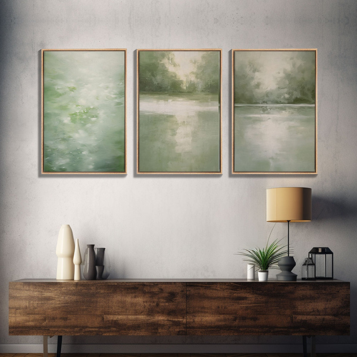 Green Abstract Landscape Canvas Wall Art – Set of 3