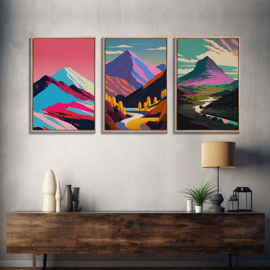 Mid-Century Mountain Landscape Canvas Wall Art – Set of 3