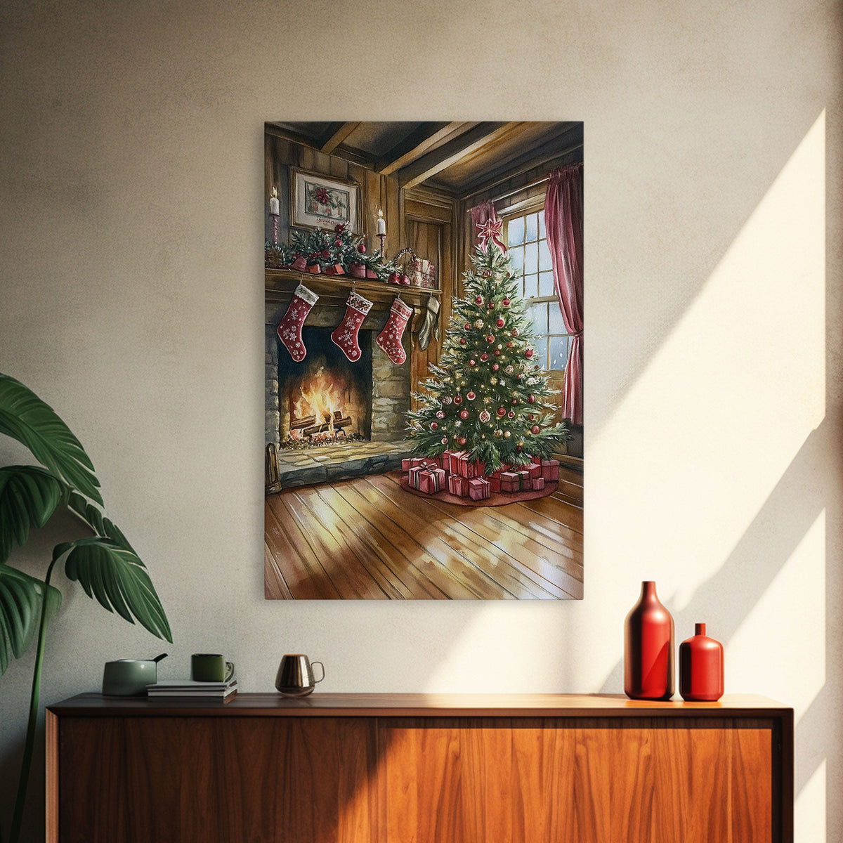 Cozy farmhouse Christmas interior Framed Canvas Print with tree stockings and fireplace, warm holiday art rustic Christmas decor mantle