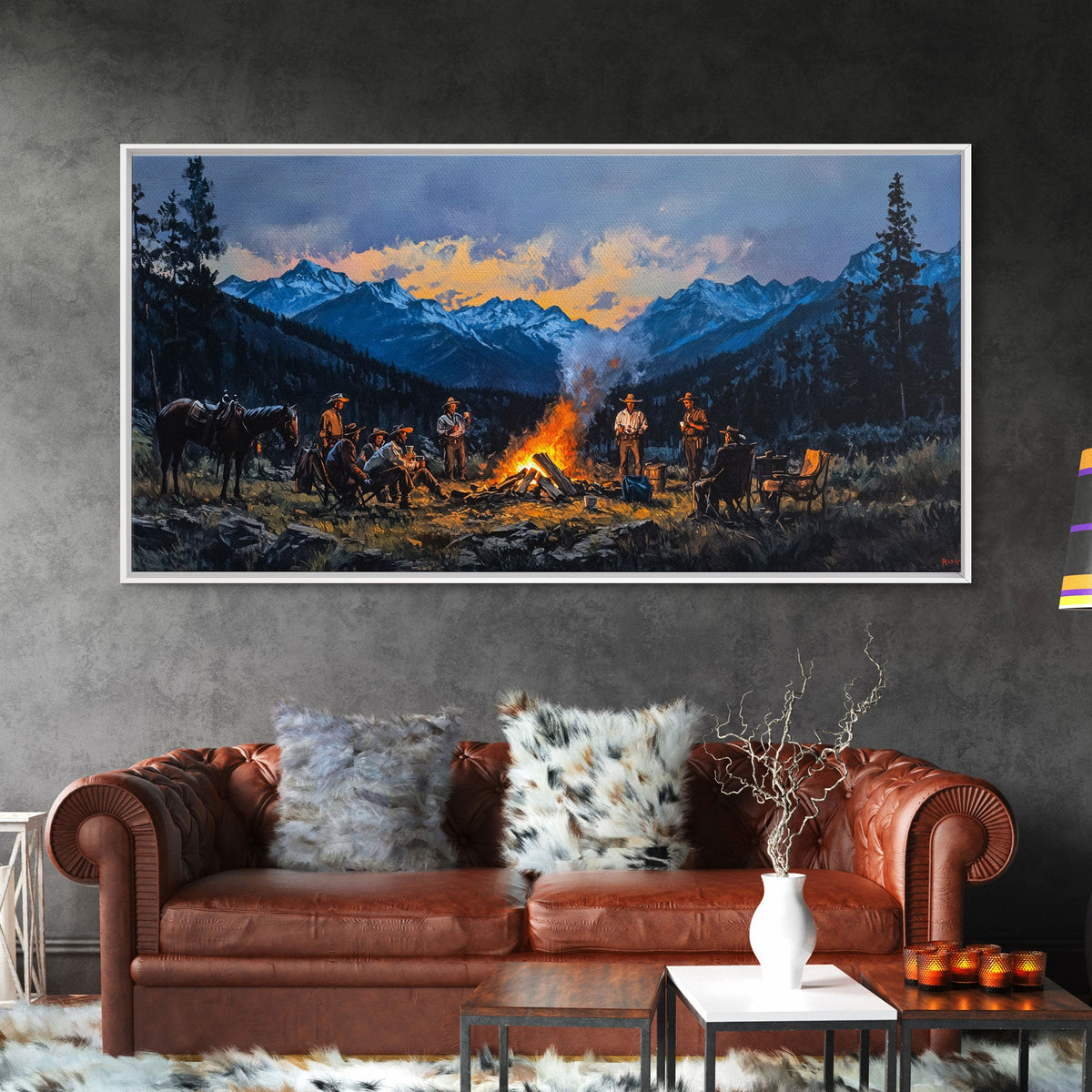 Western Cowboys Campfire Framed Canvas Wall Art