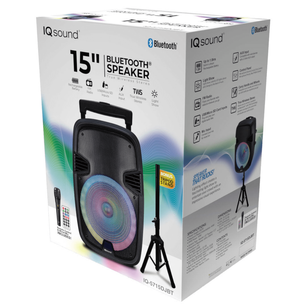 IQ Sound 15-Inch Portable Bluetooth Speaker with Mic