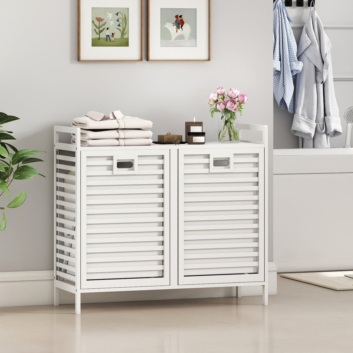 Double Tilt-Out Bamboo Laundry Hamper with 2 Removable Bins