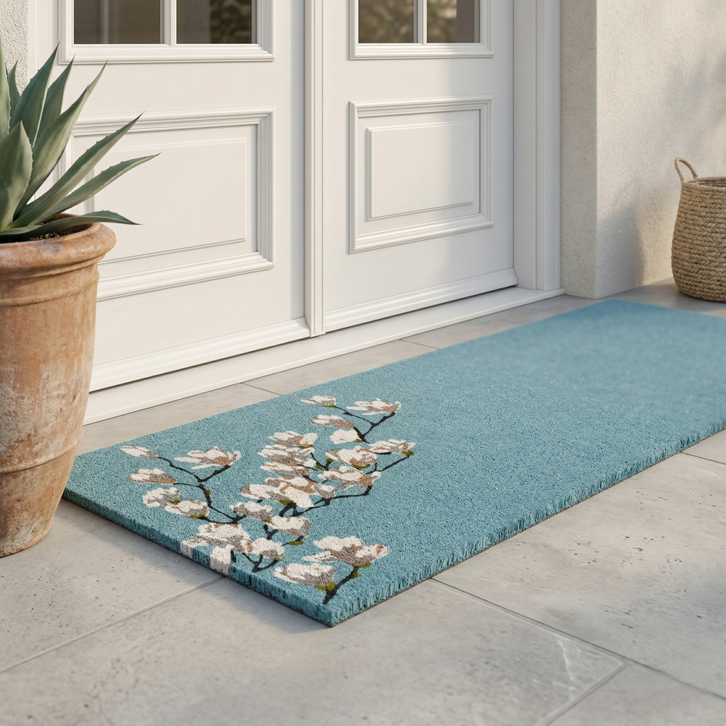 Fab Habitat Magnolia Branch Blue Coir Doormat
