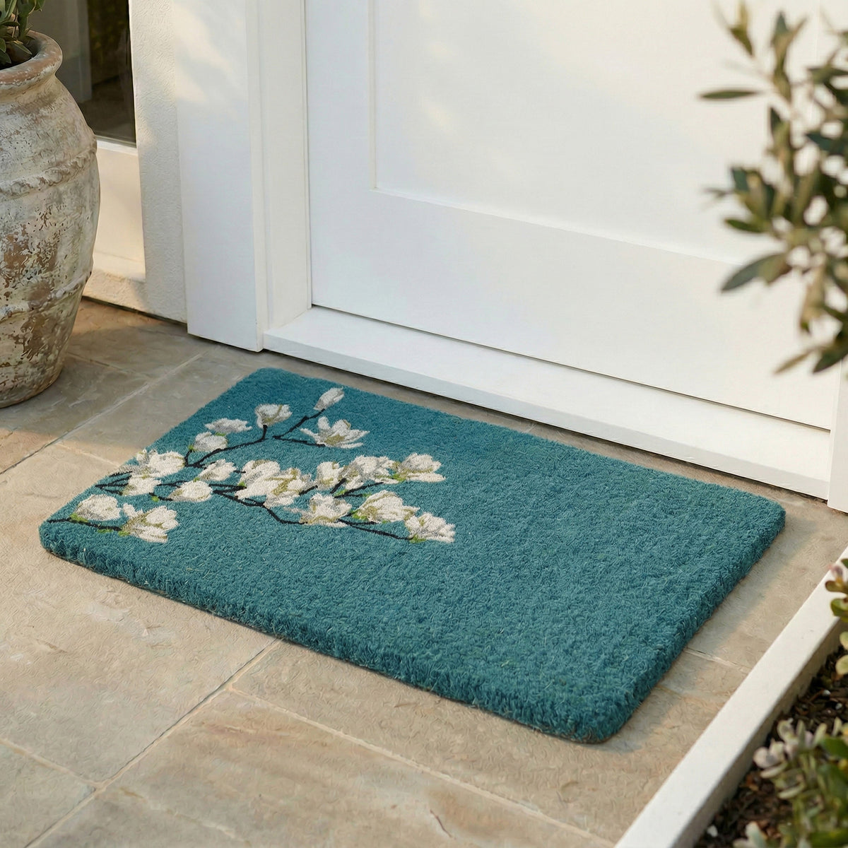 Fab Habitat Magnolia Branch Blue Coir Doormat