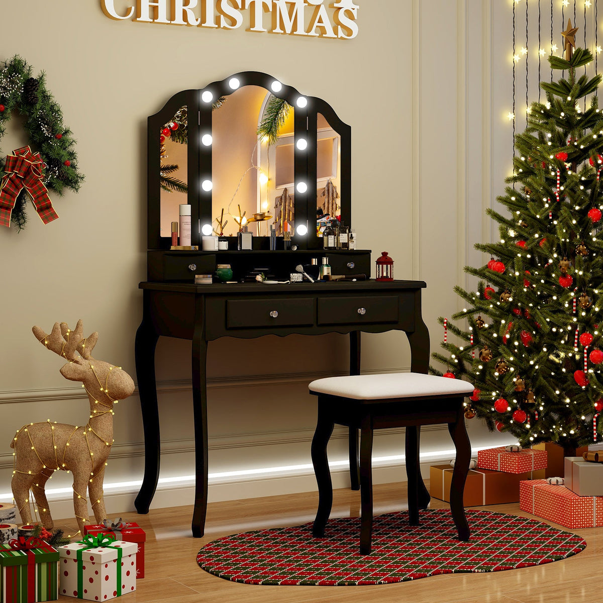 Makeup Vanity Table with Lighted Mirror & Drawers