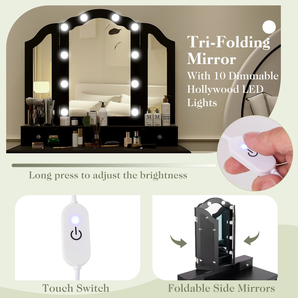 Makeup Vanity Table with Lighted Mirror & Drawers