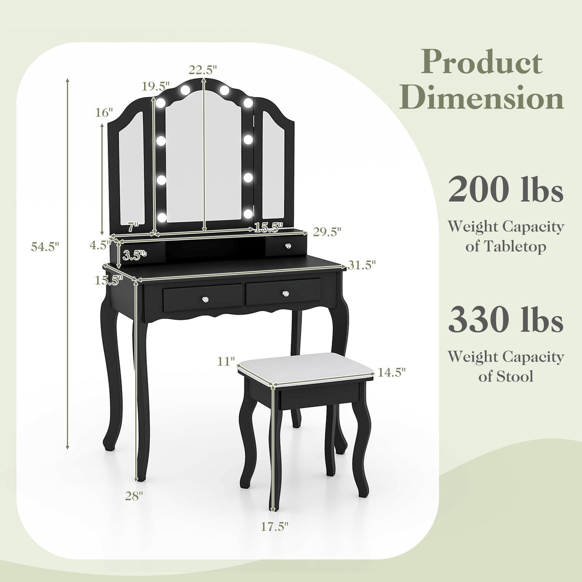 Makeup Vanity Table with Lighted Mirror & Drawers