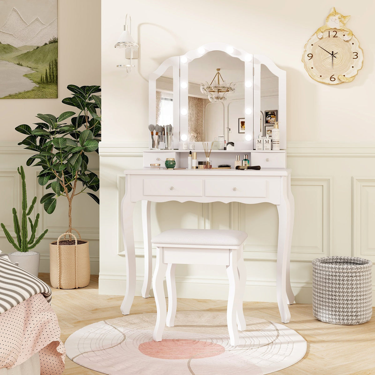 Makeup Vanity Table with Lighted Mirror & Drawers