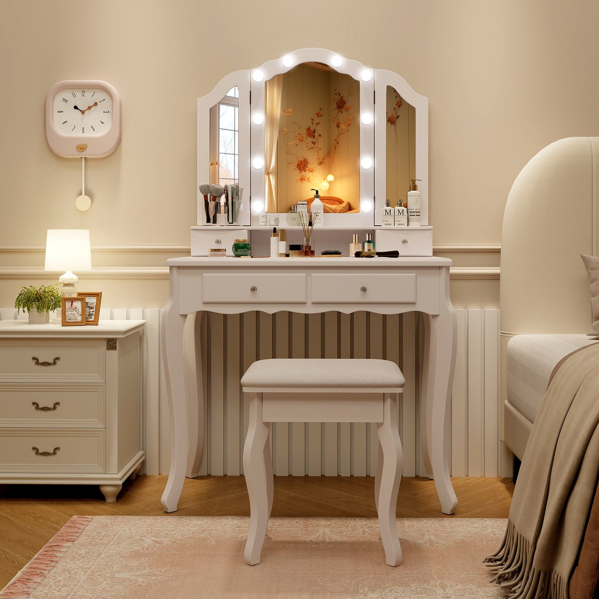 Makeup Vanity Table with Lighted Mirror & Drawers