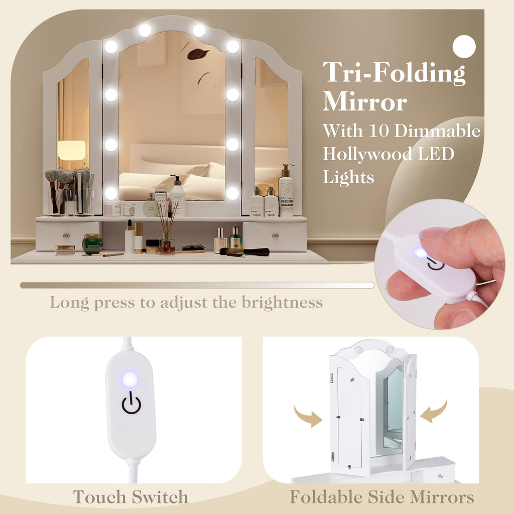 Makeup Vanity Table with Lighted Mirror & Drawers