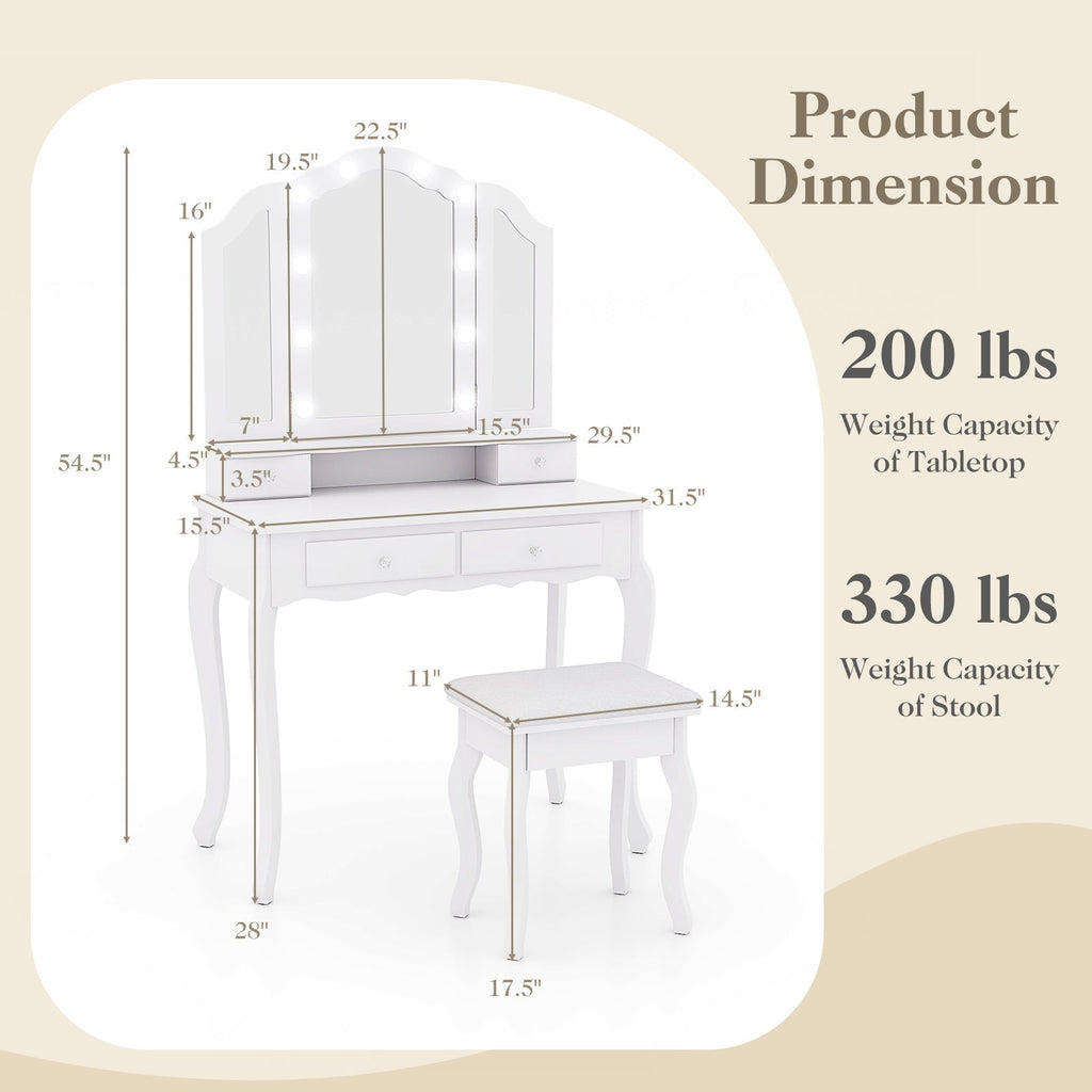 Makeup Vanity Table with Lighted Mirror & Drawers