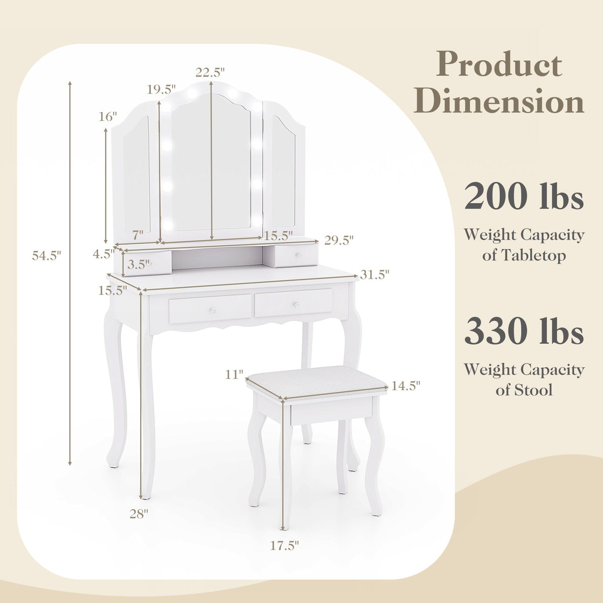 Makeup Vanity Table with Lighted Mirror & Drawers