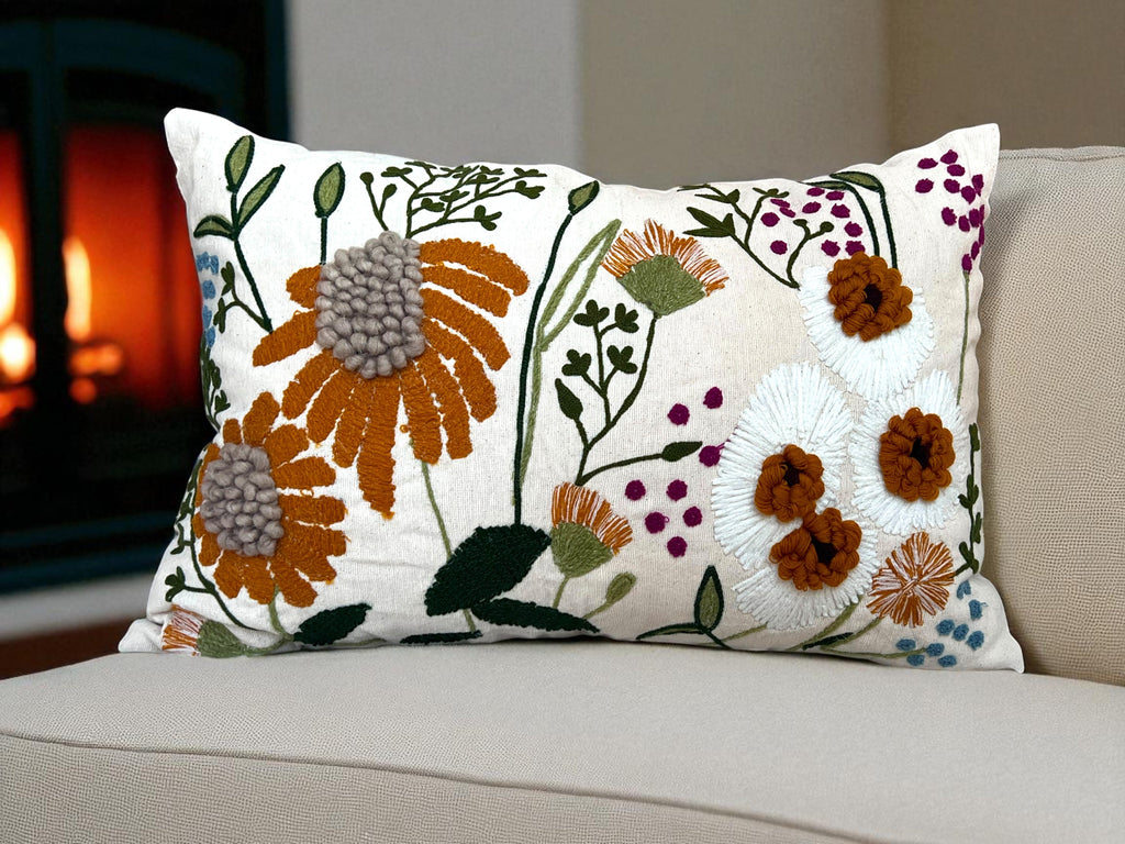 Embroidered Floral Lumbar Pillow Cover – 16" x 24"