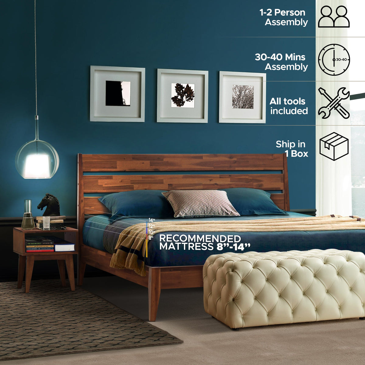Emery Solid Wood King Bed Frame & Nightstand Set
