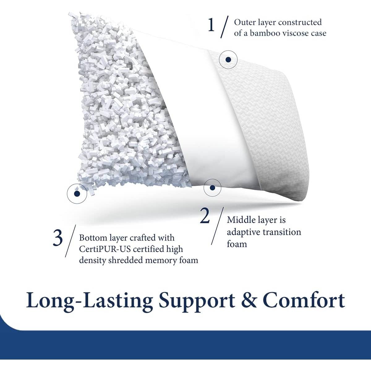 Queen Shredded Memory Foam Pillow with Cooling Bamboo Cover