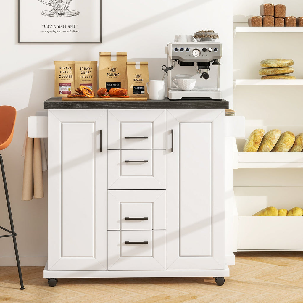 White Rolling Kitchen Island Cart with Storage Cabinets