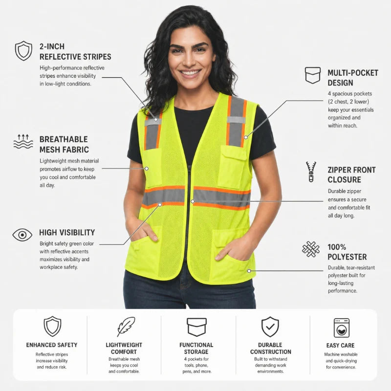 Hi Vis Safety Vest – Durable Reflective Design with 4 Pockets
