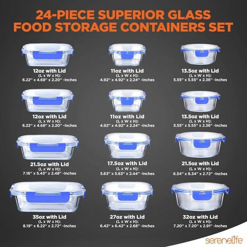 24-Piece Glass Food Storage Set with Snap-Locking Lids