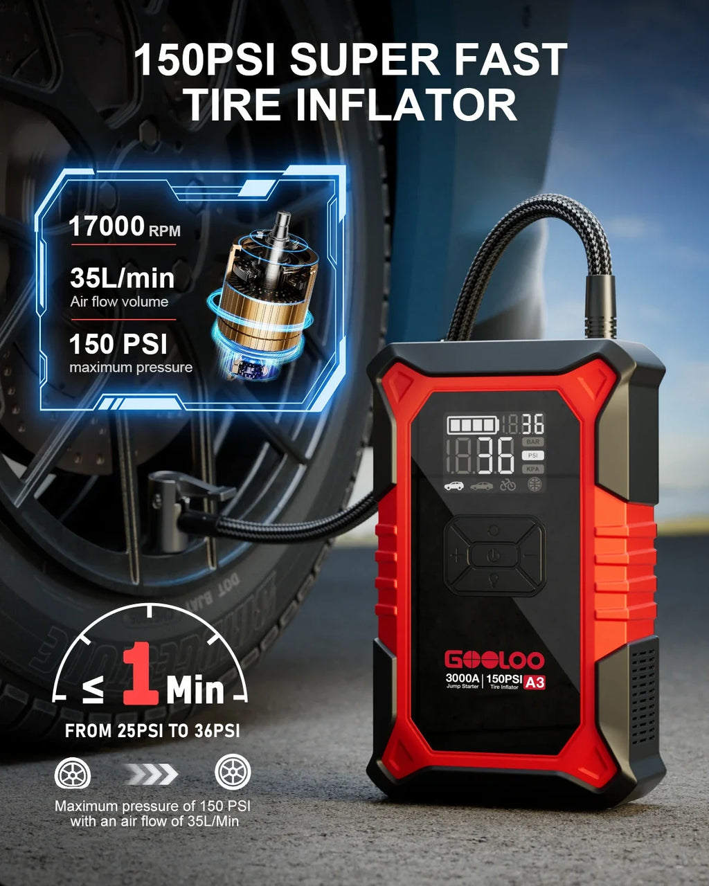 GOOLOO A3 3000A Jump Starter with Air Compressor