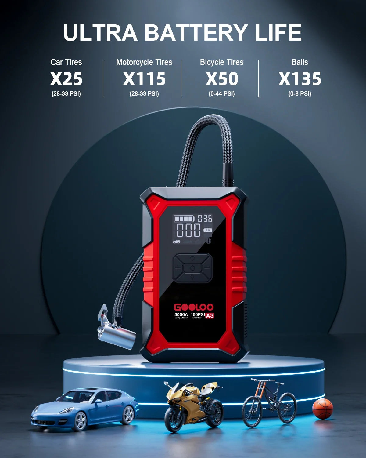 GOOLOO A3 3000A Jump Starter with Air Compressor