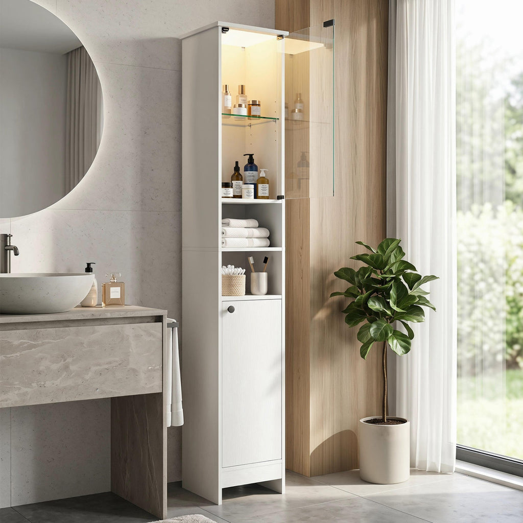 Tall LED Bathroom Storage Cabinet with Adjustable Shelves