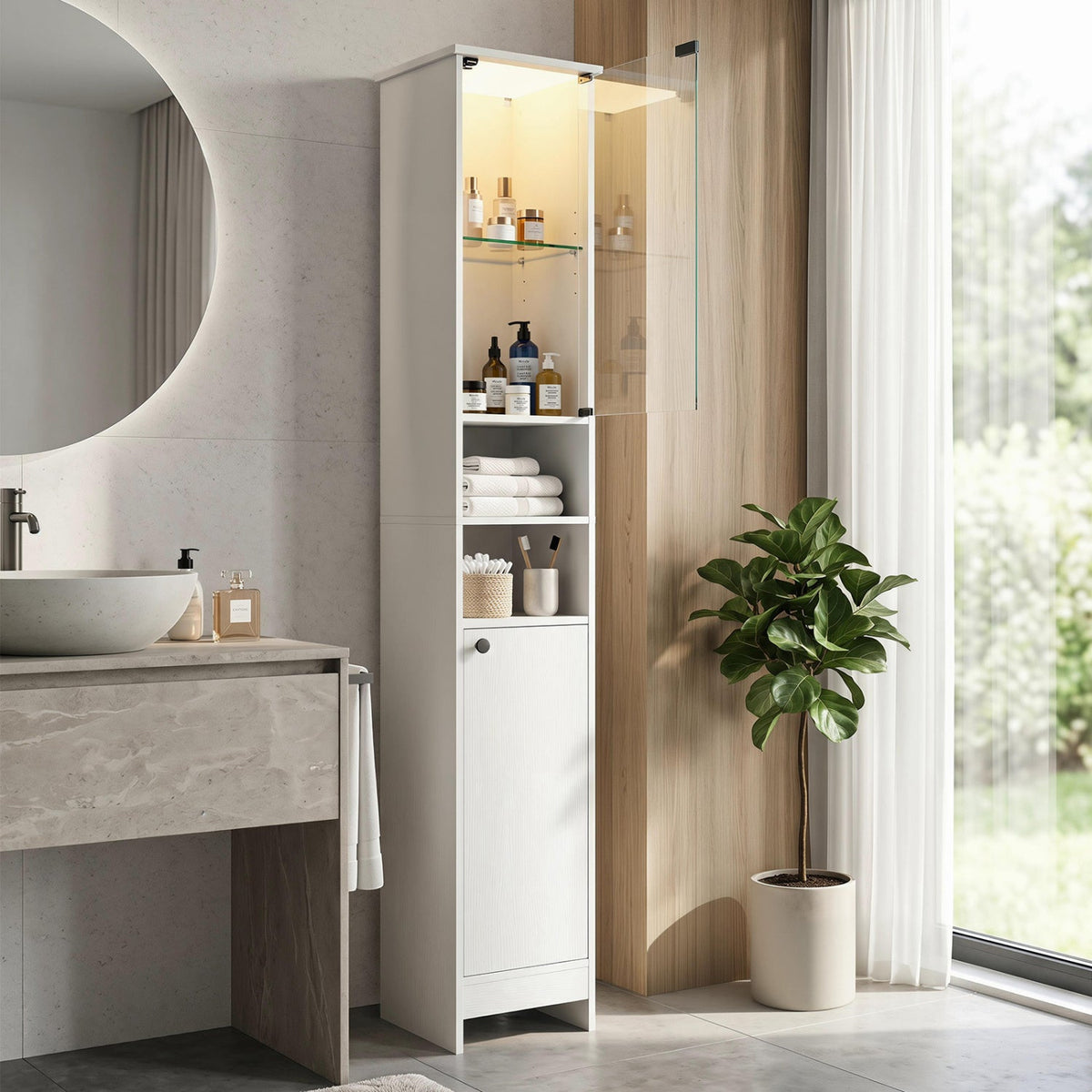 Tall LED Bathroom Storage Cabinet with Adjustable Shelves