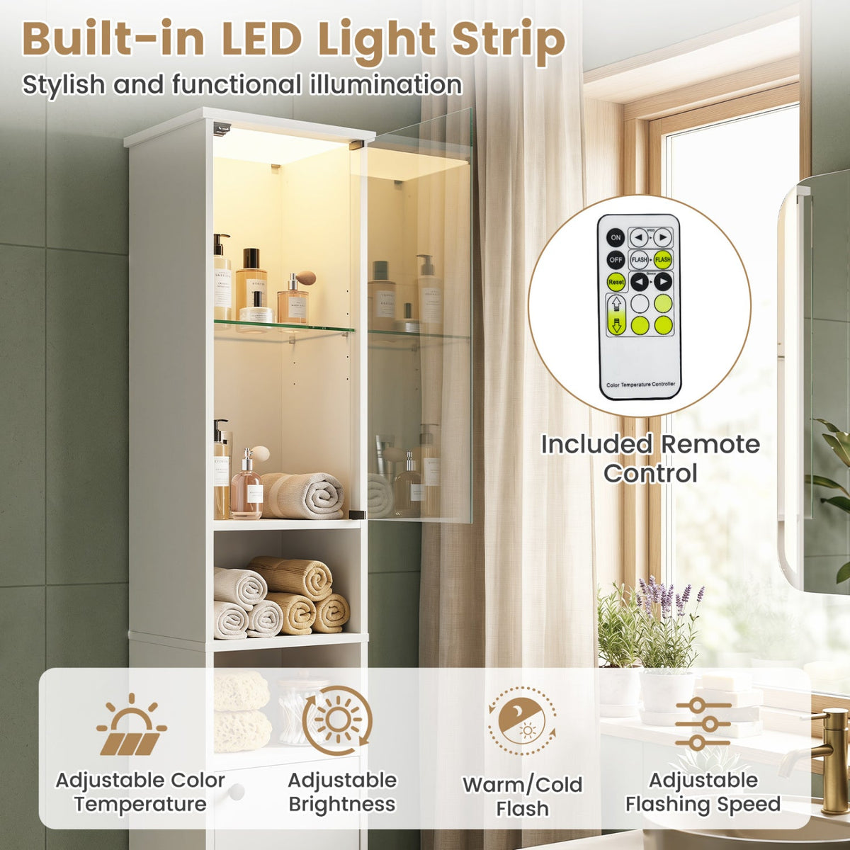 Tall LED Bathroom Storage Cabinet with Adjustable Shelves