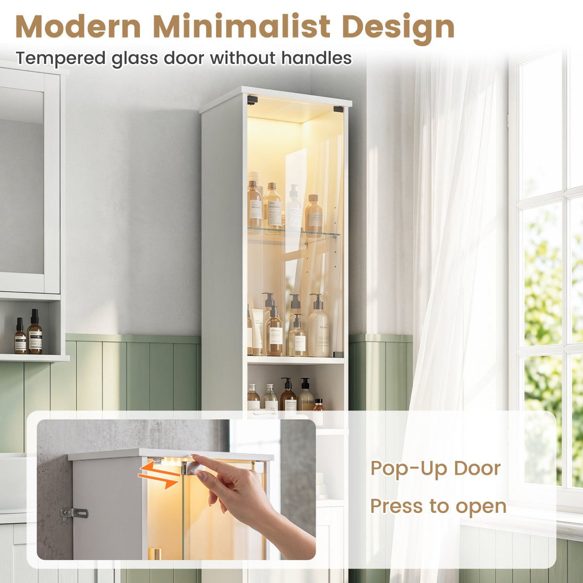 Tall LED Bathroom Storage Cabinet with Adjustable Shelves