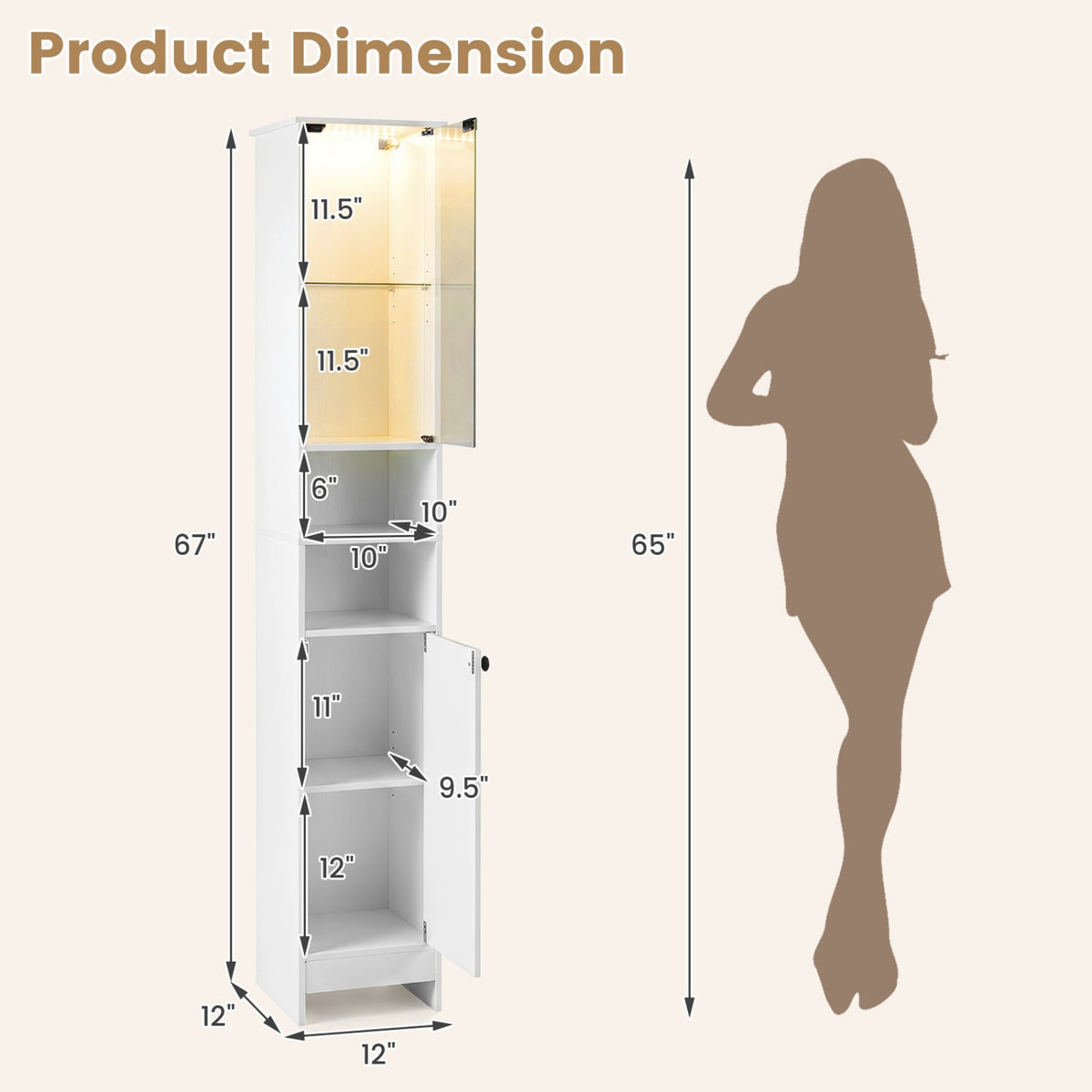 Tall LED Bathroom Storage Cabinet with Adjustable Shelves