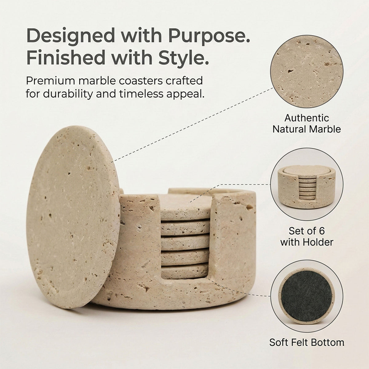 Travertine Marble Coaster Set – 6 Piece