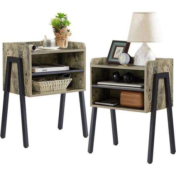 Set of 2 Industrial Gray Wood & Black Metal Nightstands
