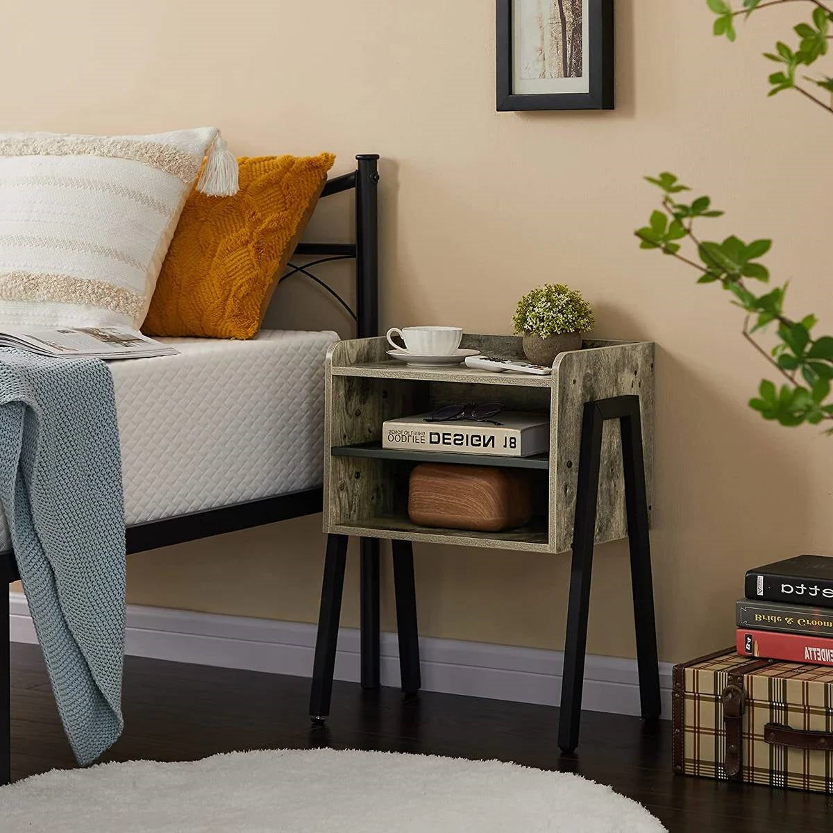 Set of 2 Industrial Gray Wood & Black Metal Nightstands