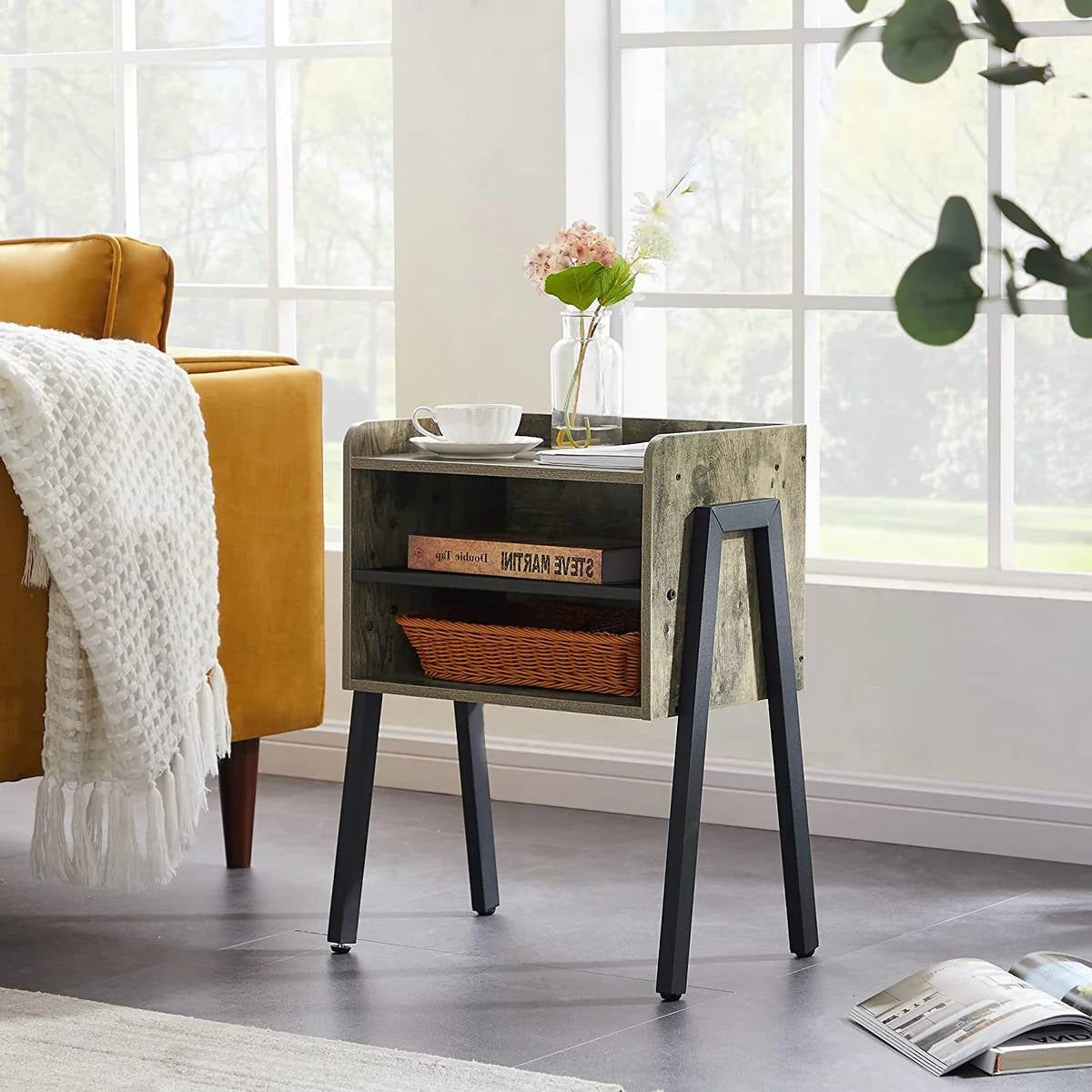 Set of 2 Industrial Gray Wood & Black Metal Nightstands