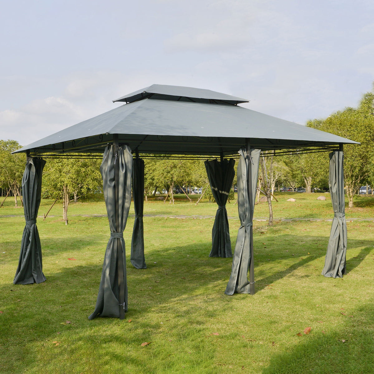 Outsunny Patio Gazebo with Curtains & Vented Roof – Sage Gray