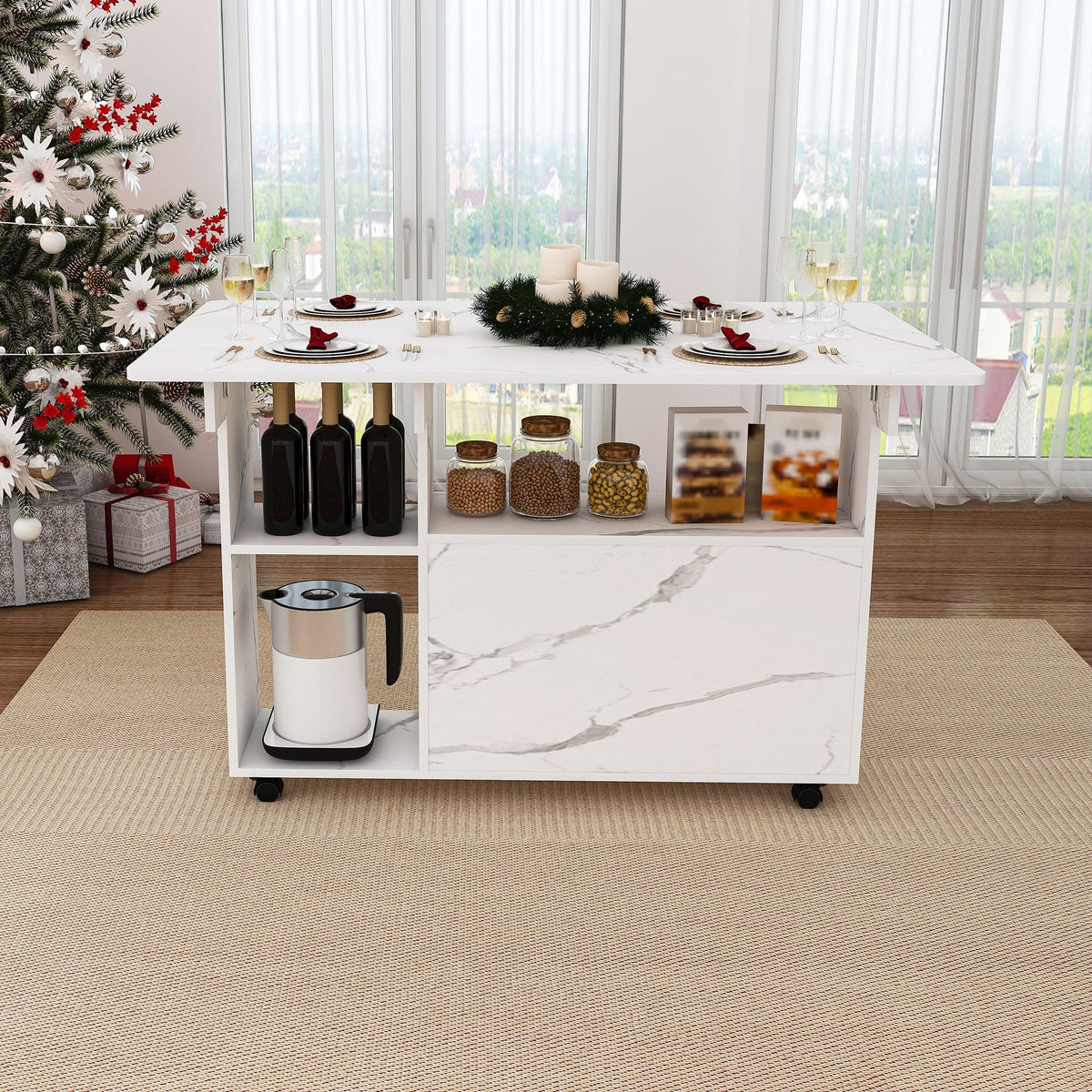 White Folding Kitchen Island with Storage Shelves and Wheels