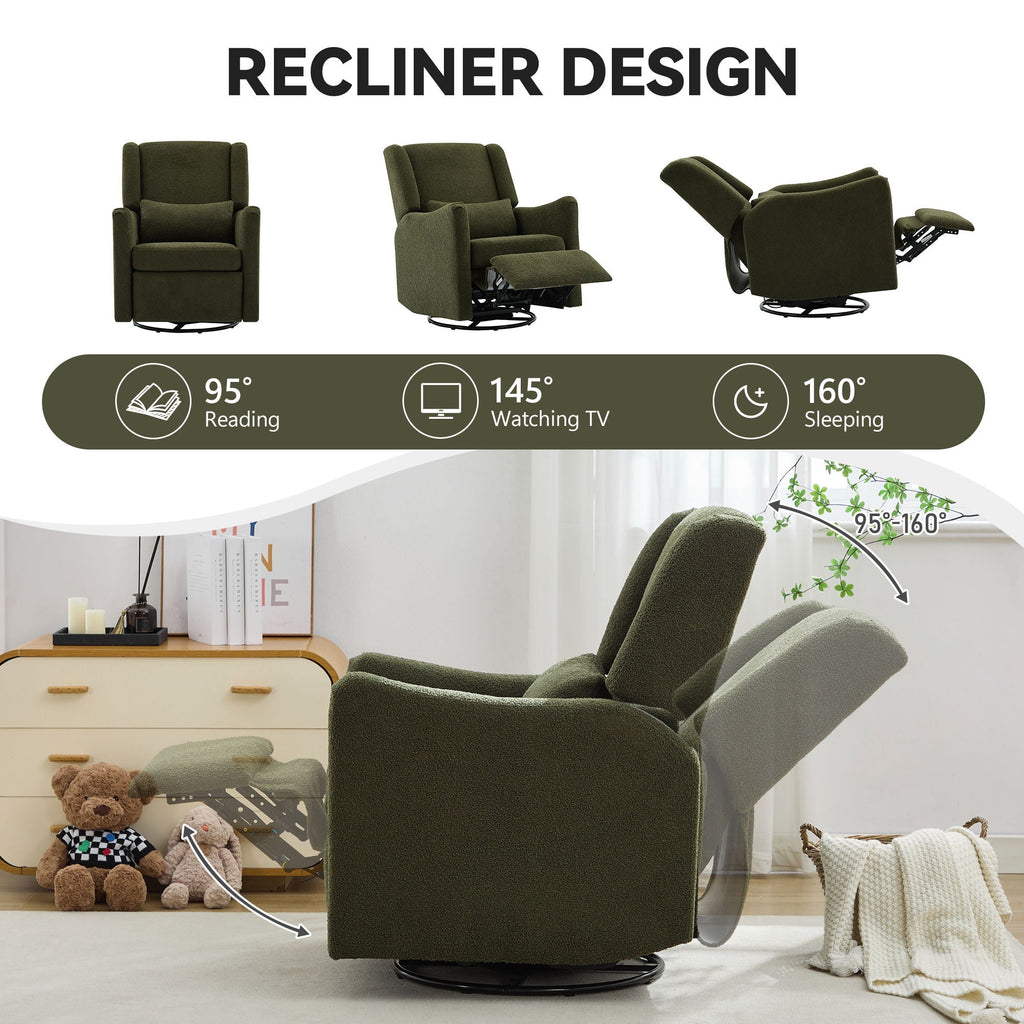 Wide Wingback 360° Swivel Glider Rocker Recliner – Dark Green or Beige