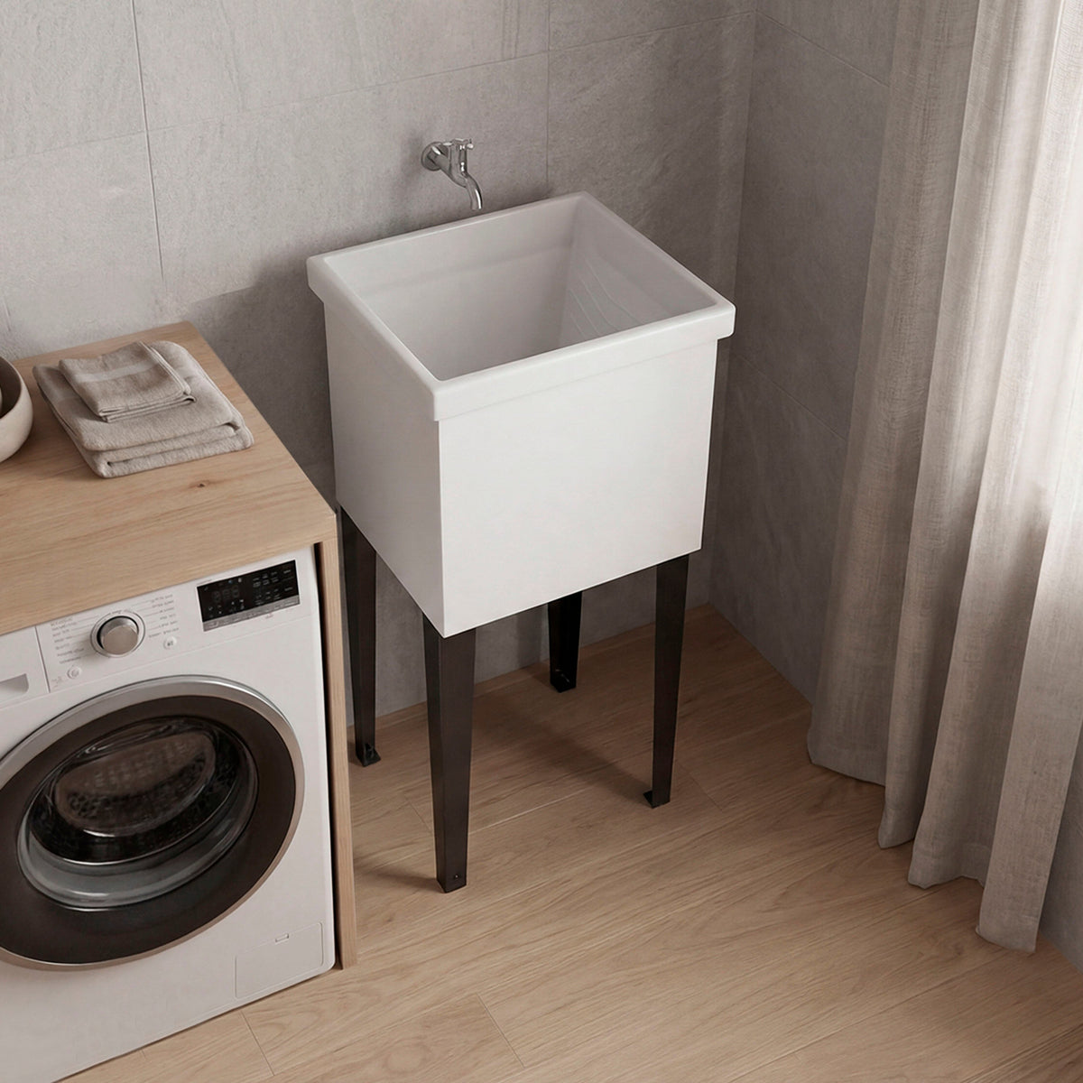 White Freestanding Laundry Utility Sink with Storage Cabinet
