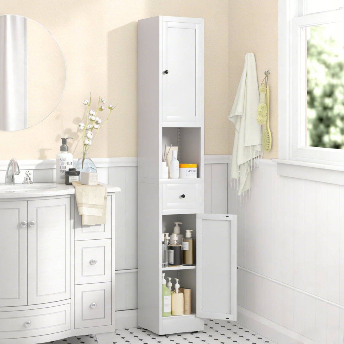 Tall Narrow 5-Tier Bathroom Storage Cabinet – White