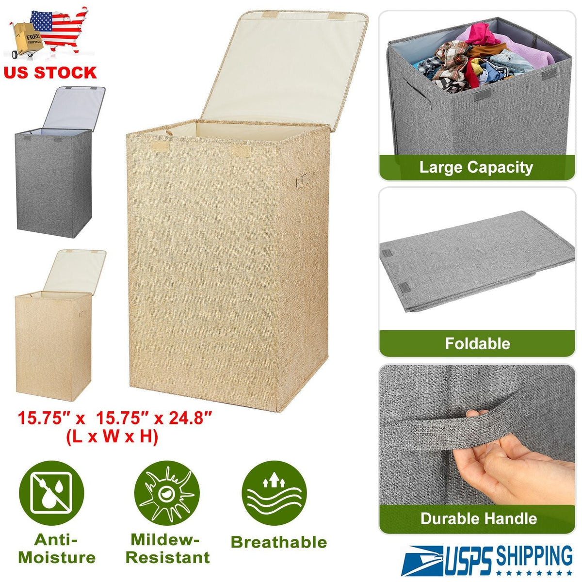 Foldable Laundry Hamper with Lid & Handles