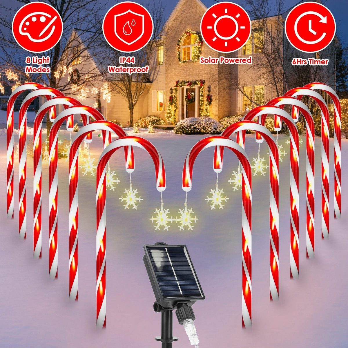 Solar Christmas Candy Cane Lights with 12 Candies 72LEDs Outdoor Christmas Decorations IP44 Waterproof Flickering Pathway Markers String Lights with 8