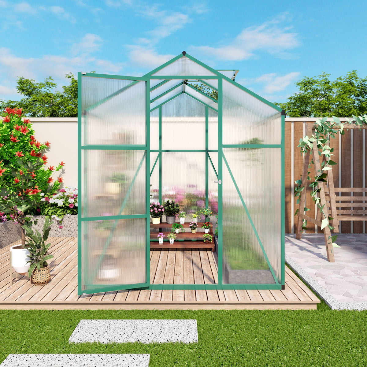 Walk-In Polycarbonate Greenhouse with Raised Base – Green