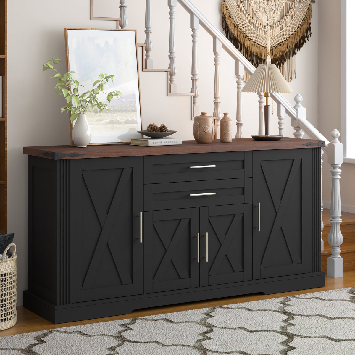 63-Inch Farmhouse Barn-Door Sideboard with Drawers