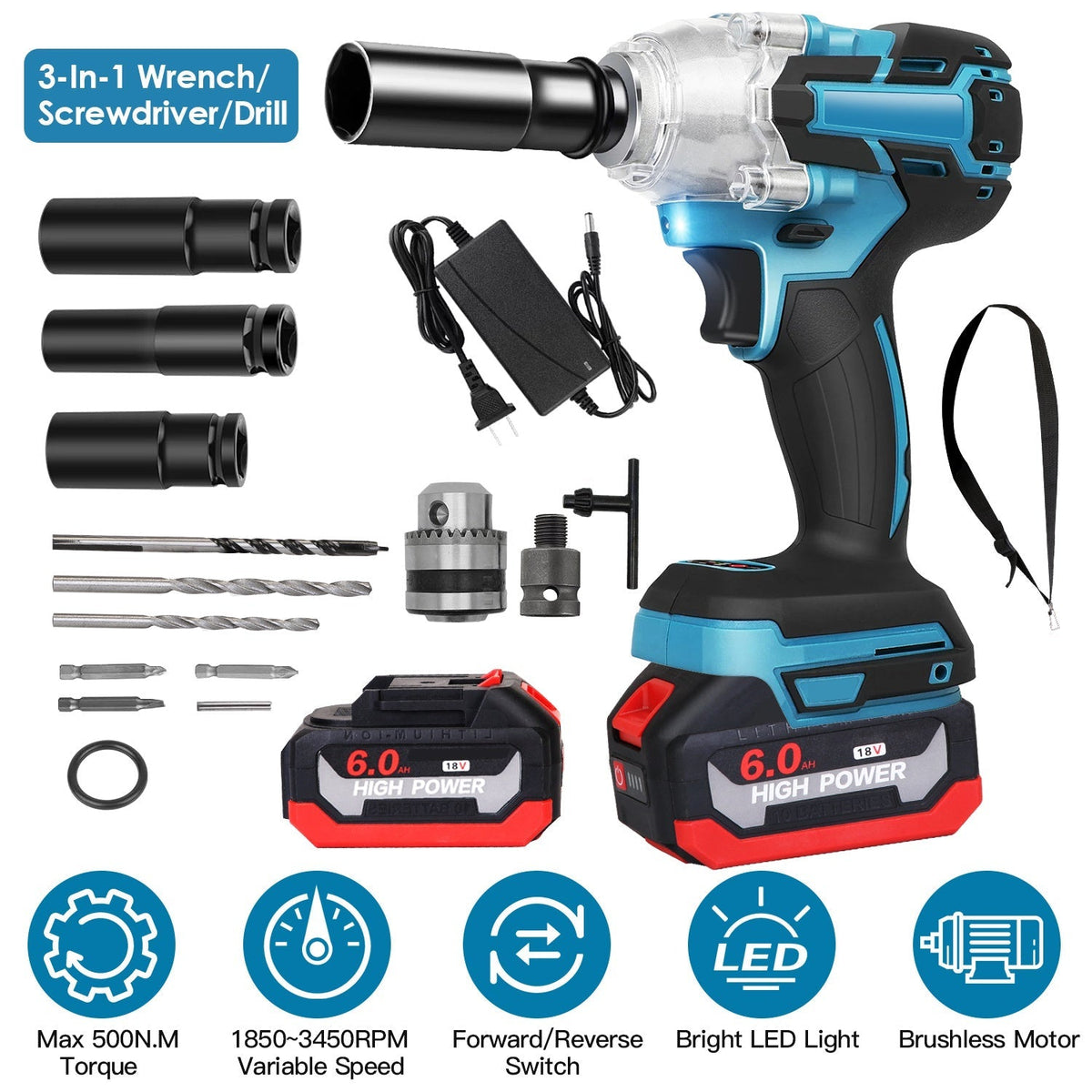 3-In-1 Cordless Electric Impact Wrench Drill Screwdriver with Brushless Motor Max 3450RPM Variable Speed 2Pcs 6.0Ah Batteries 3 Sockets 3 Screwdriver