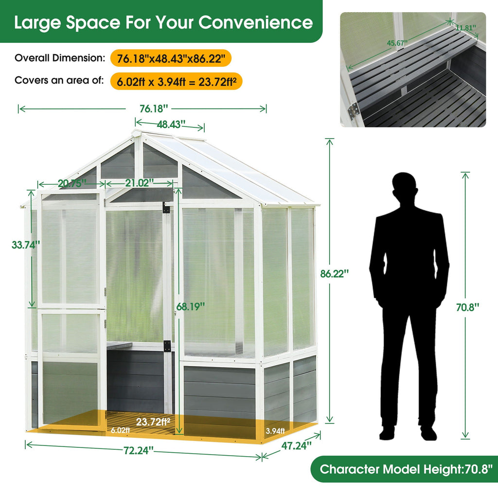 Wooden Walk-In Greenhouse with Polycarbonate Panels – White / Gray