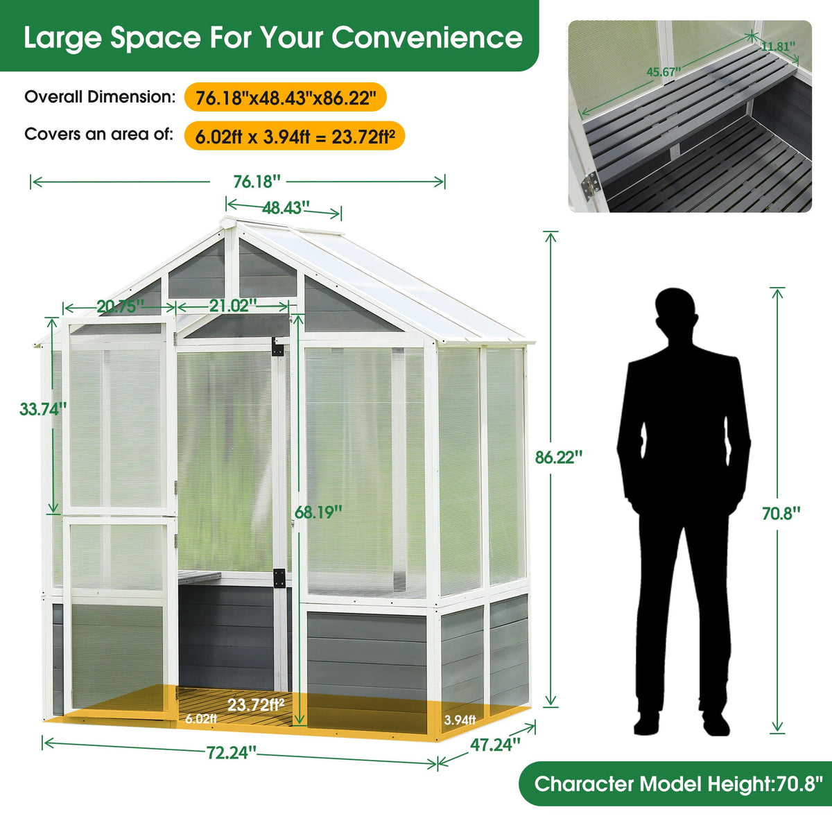 Wooden Walk-In Greenhouse with Polycarbonate Panels – White / Gray