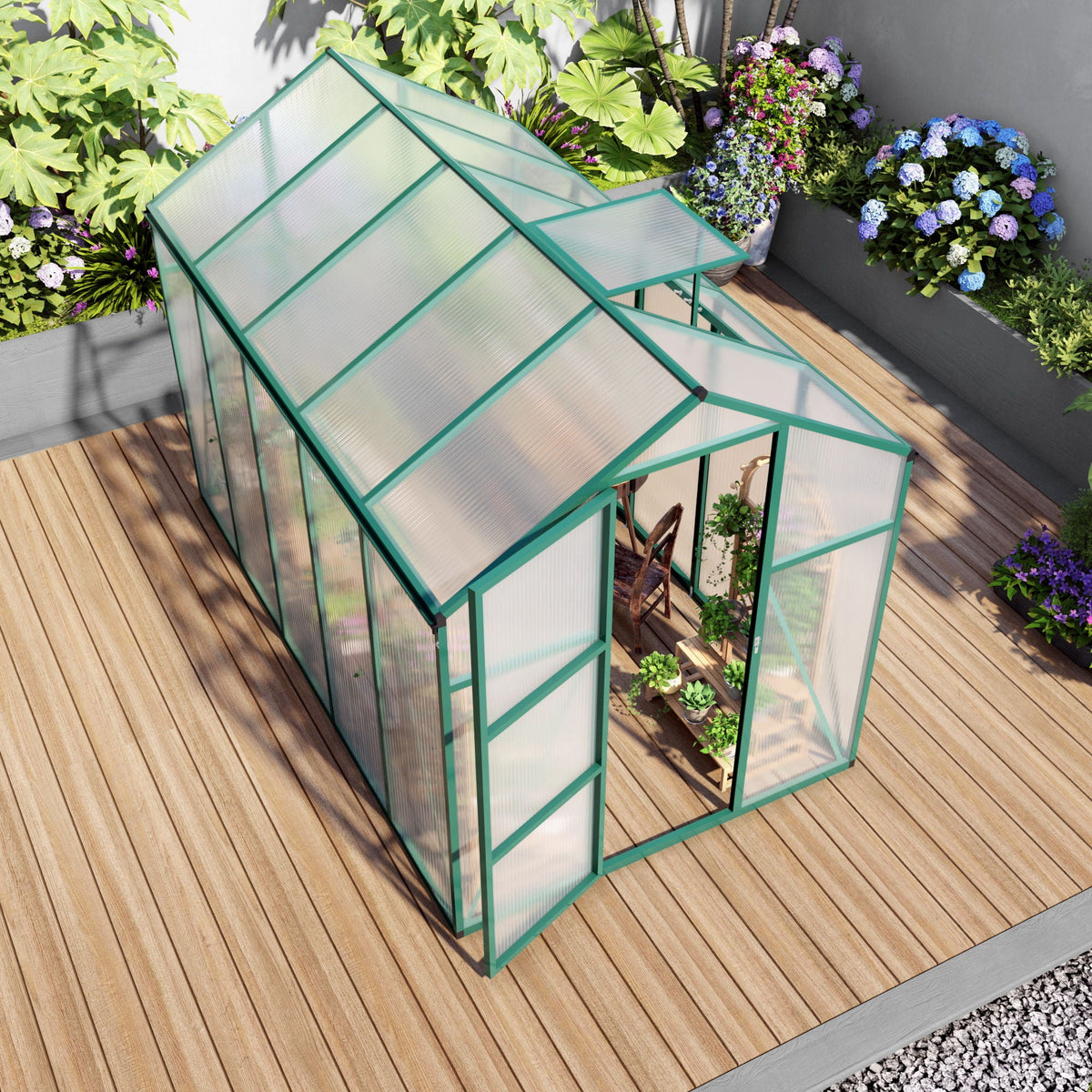 Walk-In Polycarbonate Greenhouse with Raised Base – Green